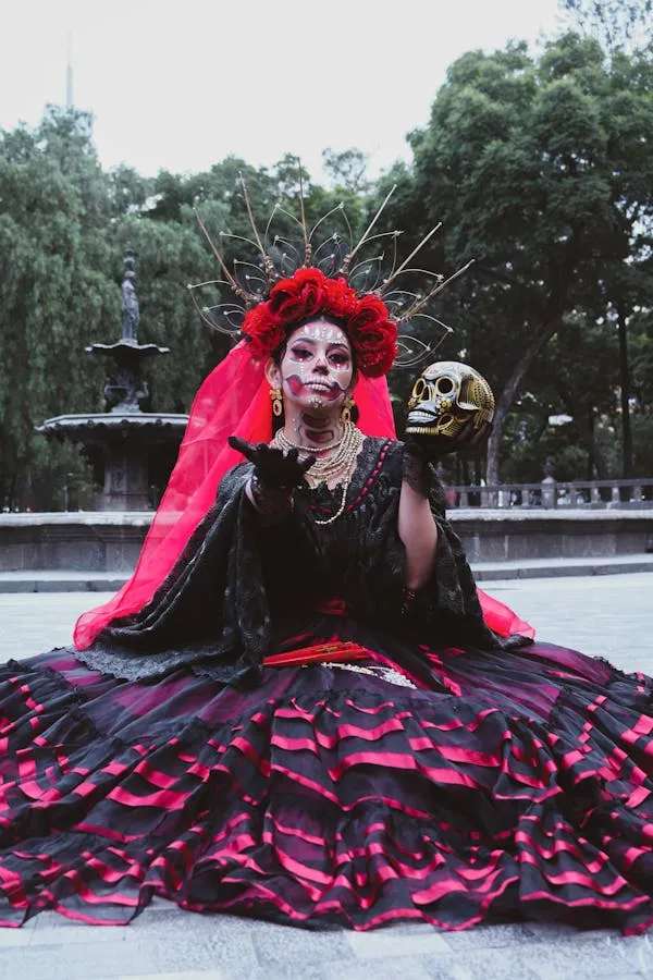Woman in Red and Black Traditional Dress Sitting Outdoors