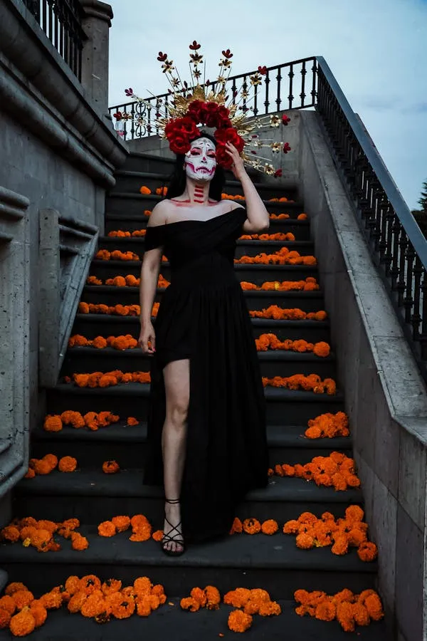 Woman in Skeleton Dress on Orange Halloween Staircase