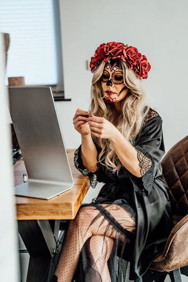 Woman in Skeleton Outfit Applying Makeup forHalloween Event