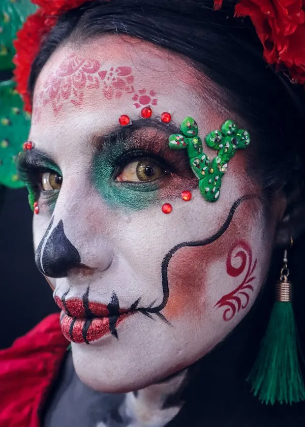 Woman in Sugar Skull Makeup with Floral Headband for Halloween