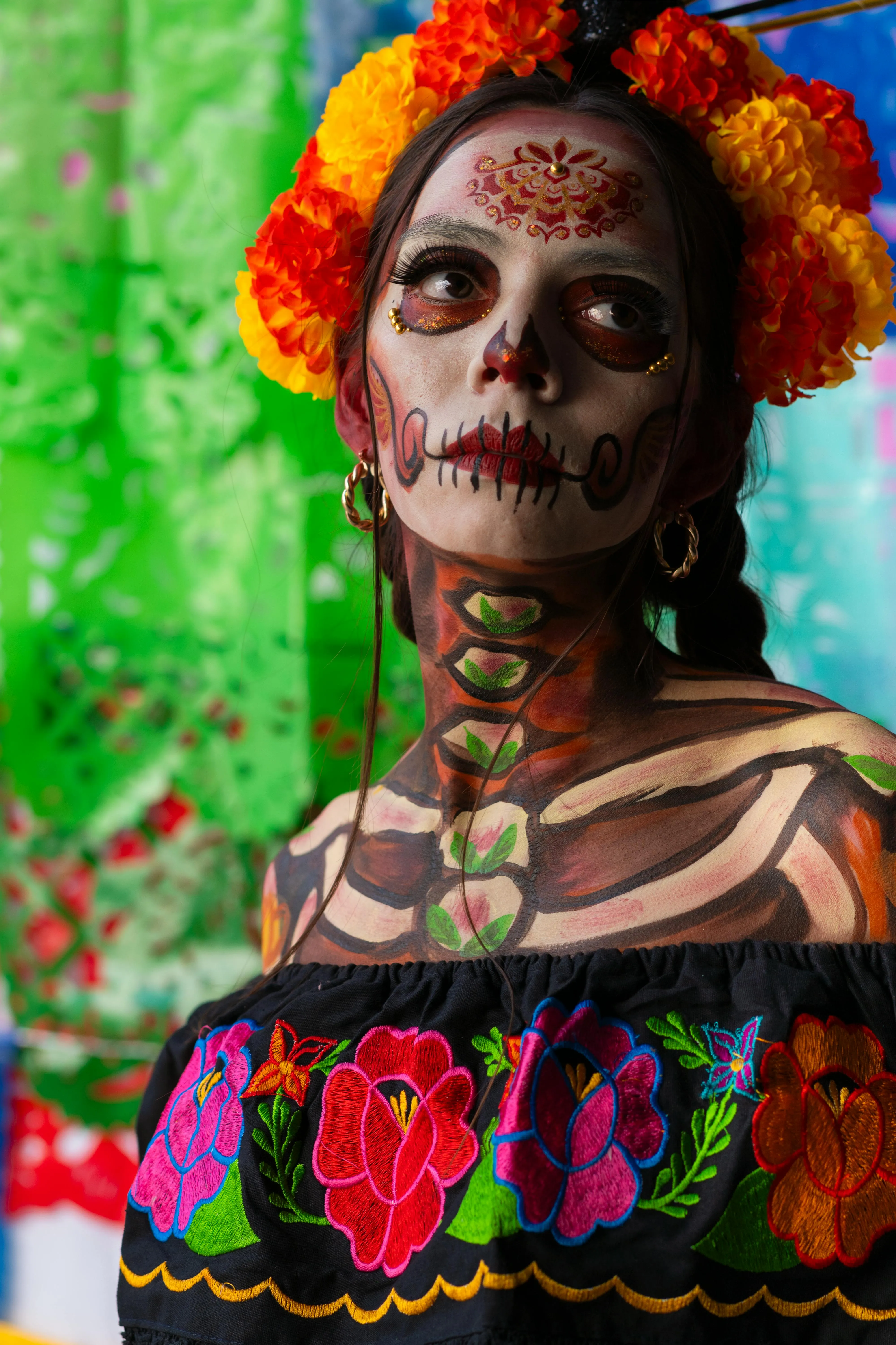Woman in Traditional Skull Makeup for Halloween Wallpaper