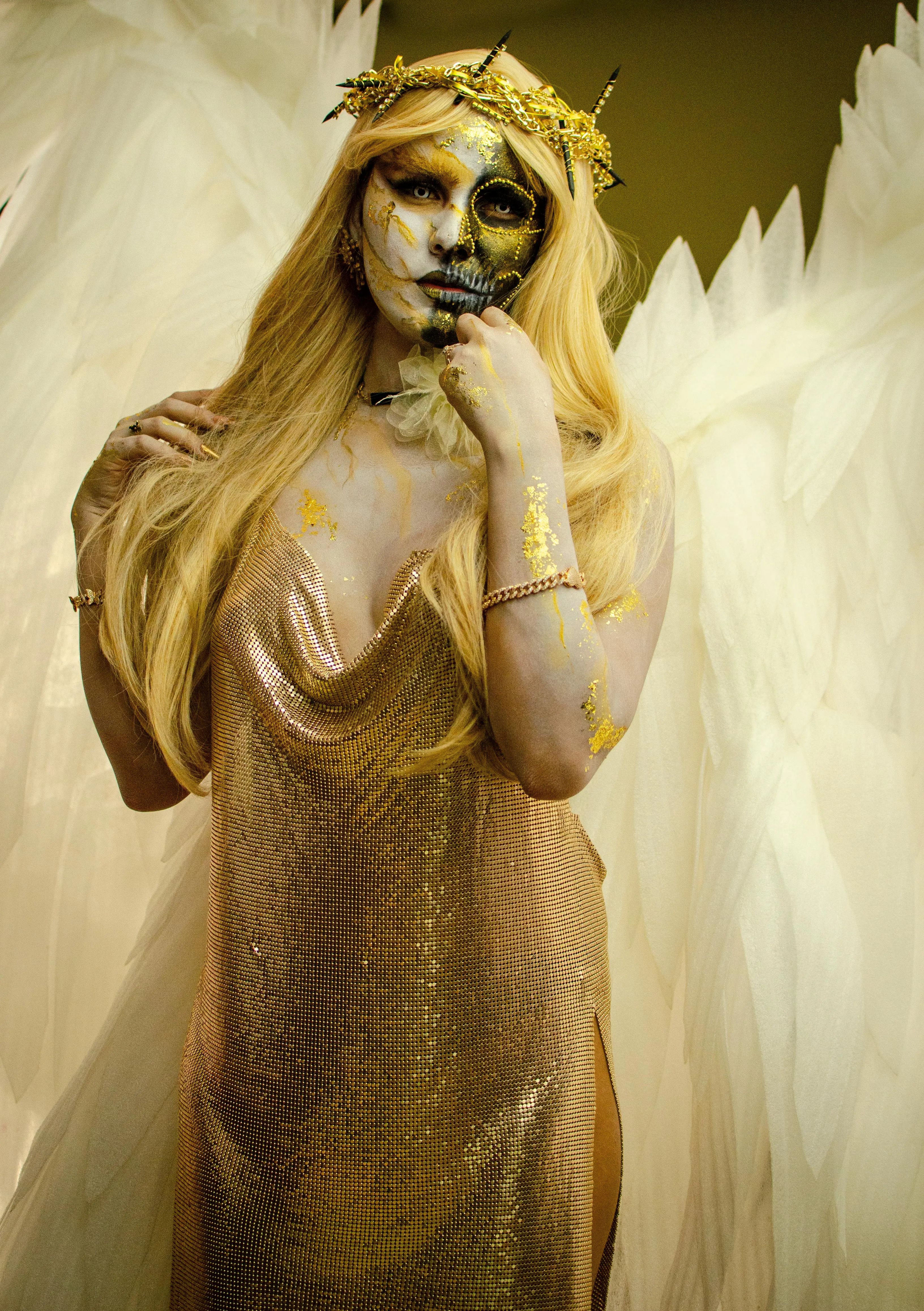 Woman Wearing Angel Costume with Gold Dress Wallpaper HD