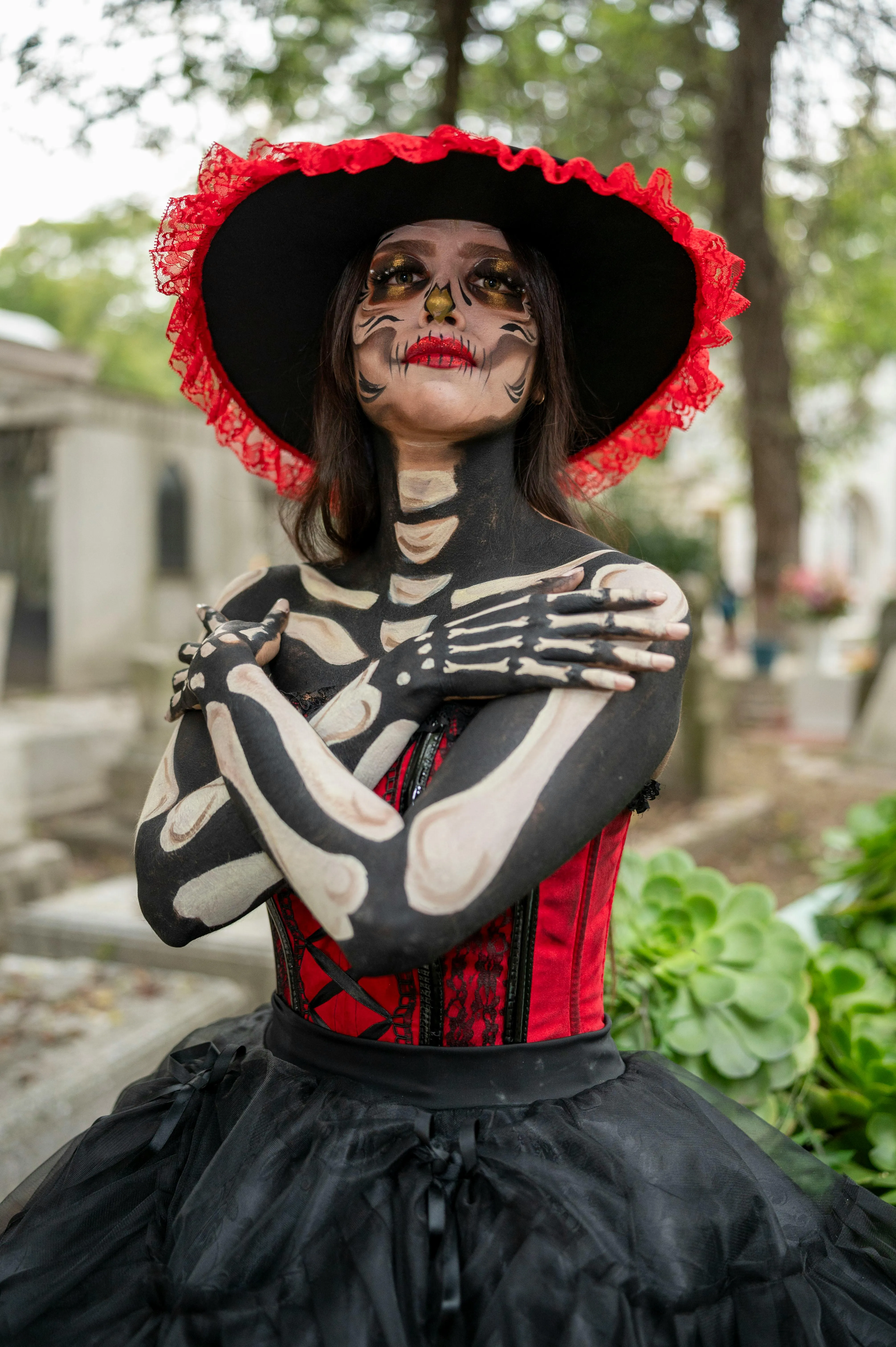 Woman Wearing Day of the Dead Makeup and Costume Wallpaper