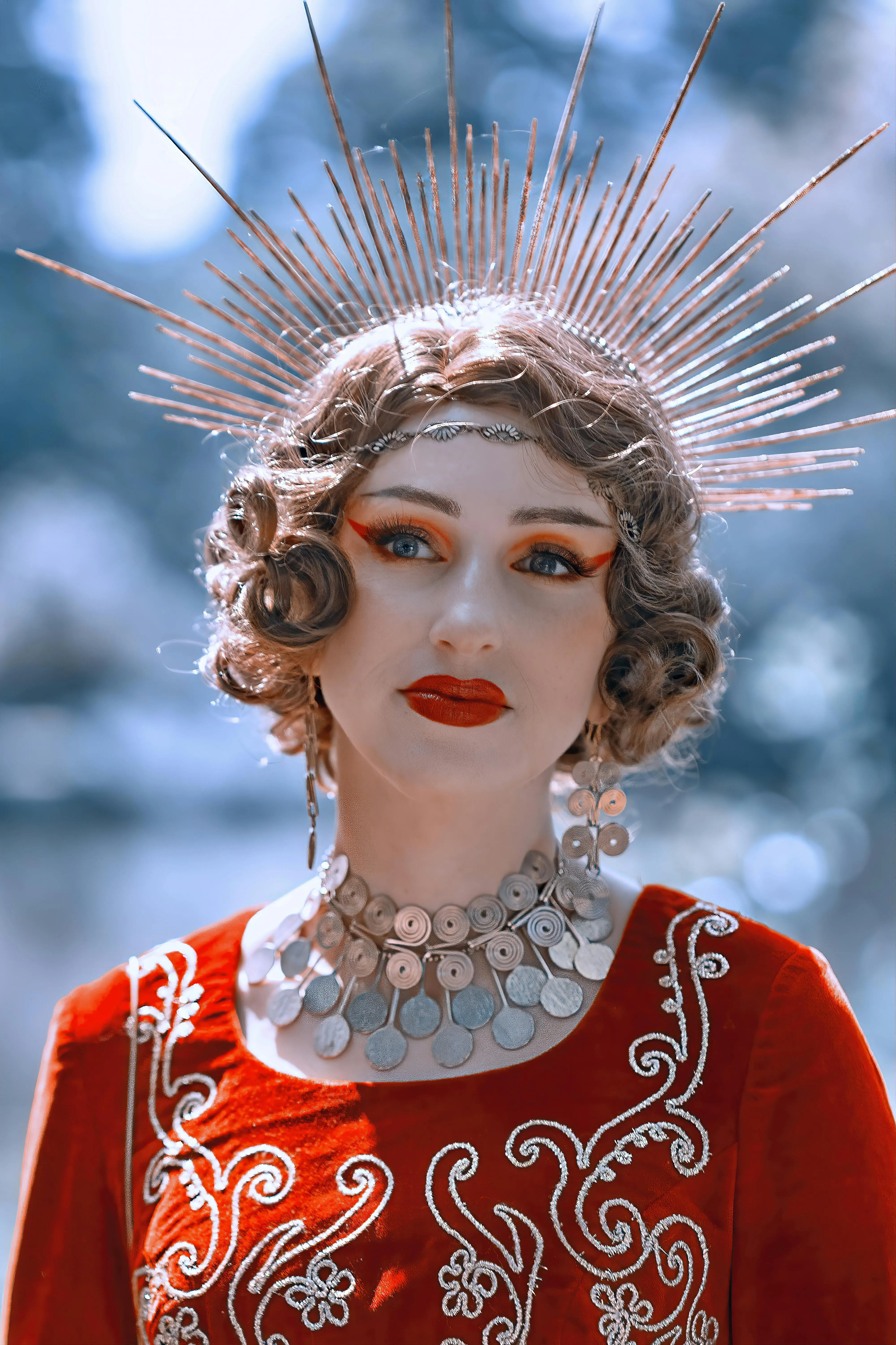 Woman Wearing Elegant Crown and Red Dress for Halloween