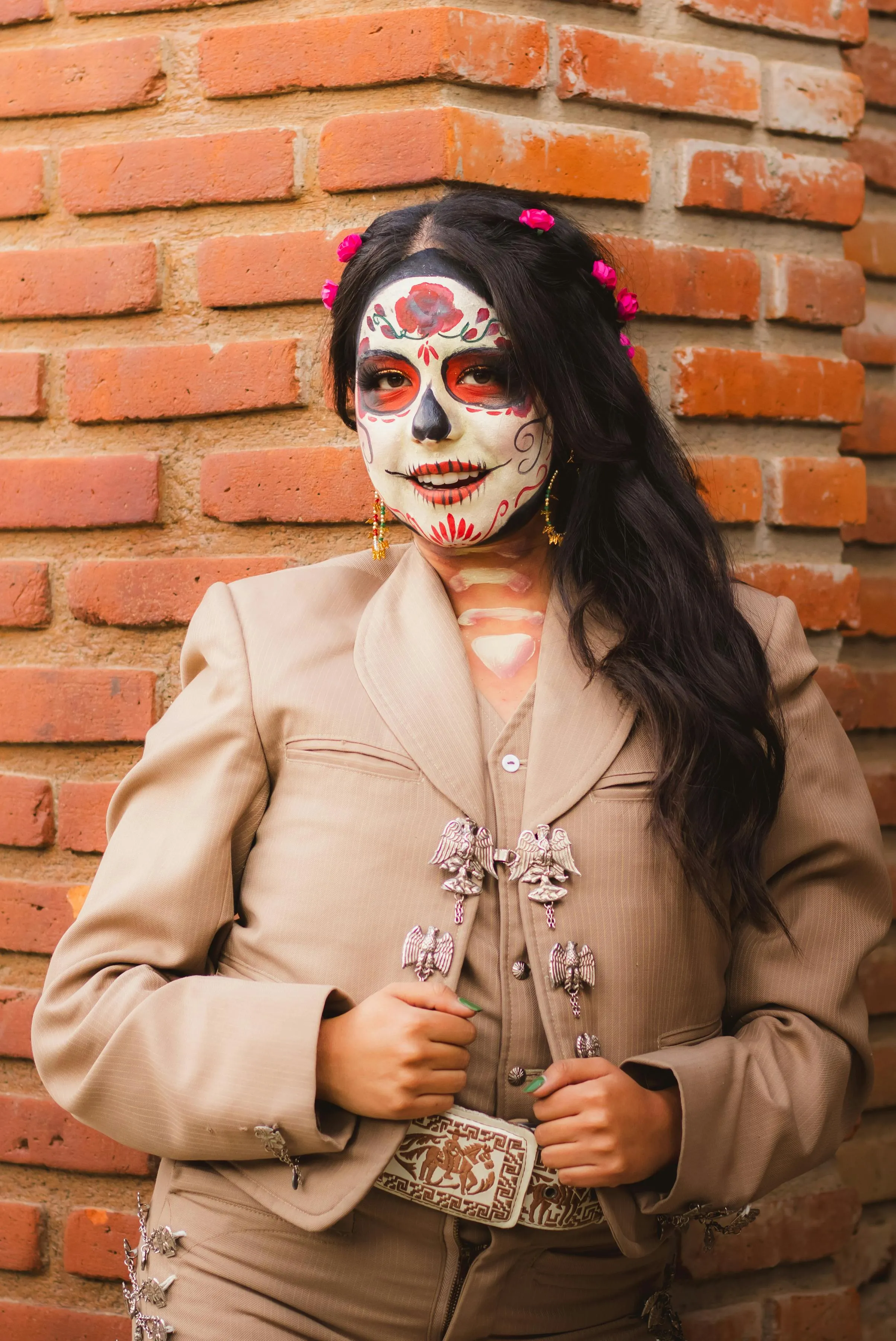 Woman Wearing Traditional Sugar Skull Makeup with coat