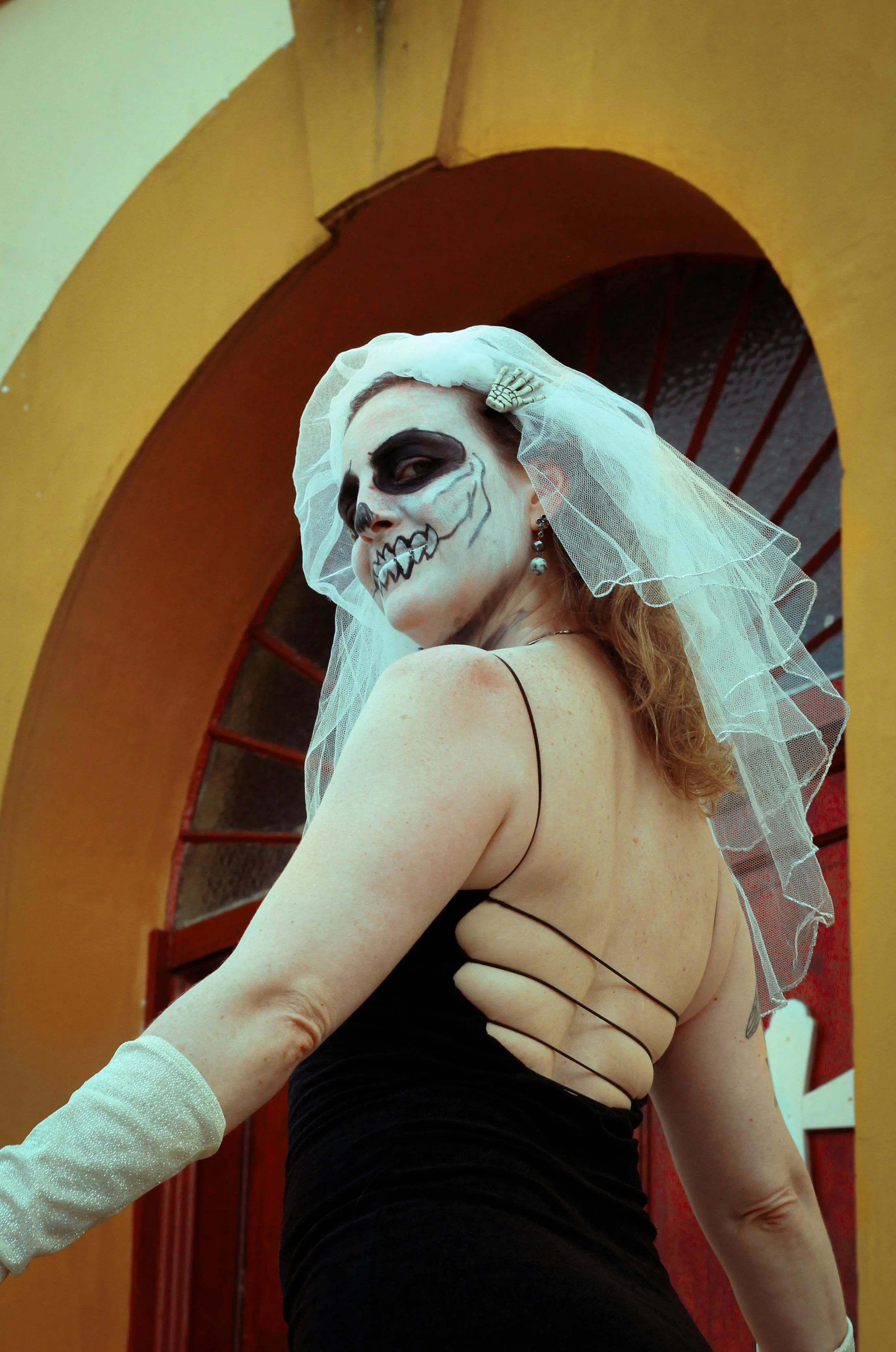 Woman Wearing White Halloween Veil Outdoors image HD