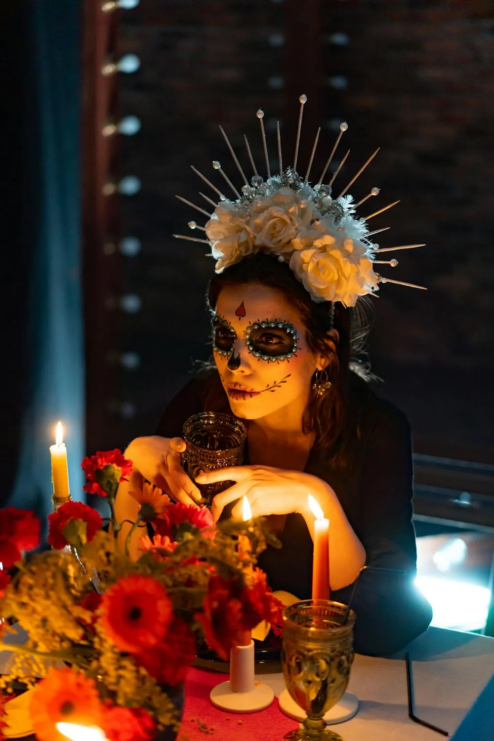Woman with Floral Headpiece and Candle for Halloween