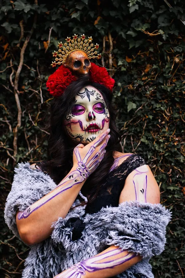 Woman with Floral Headpiece and Face Paint for Halloween