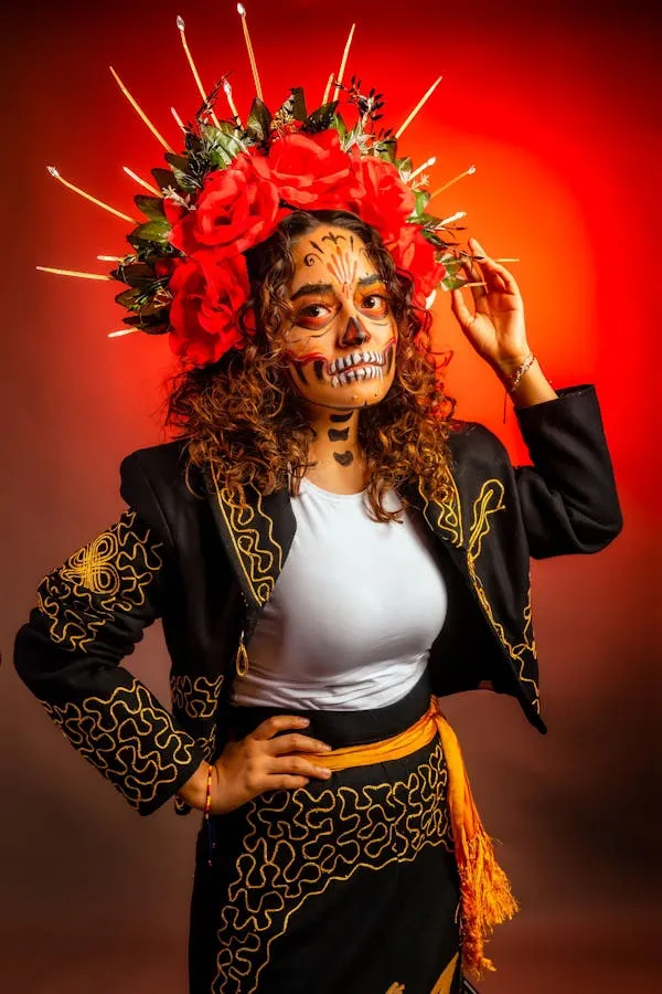 Woman with Floral Headpiece and Red Background for Halloween