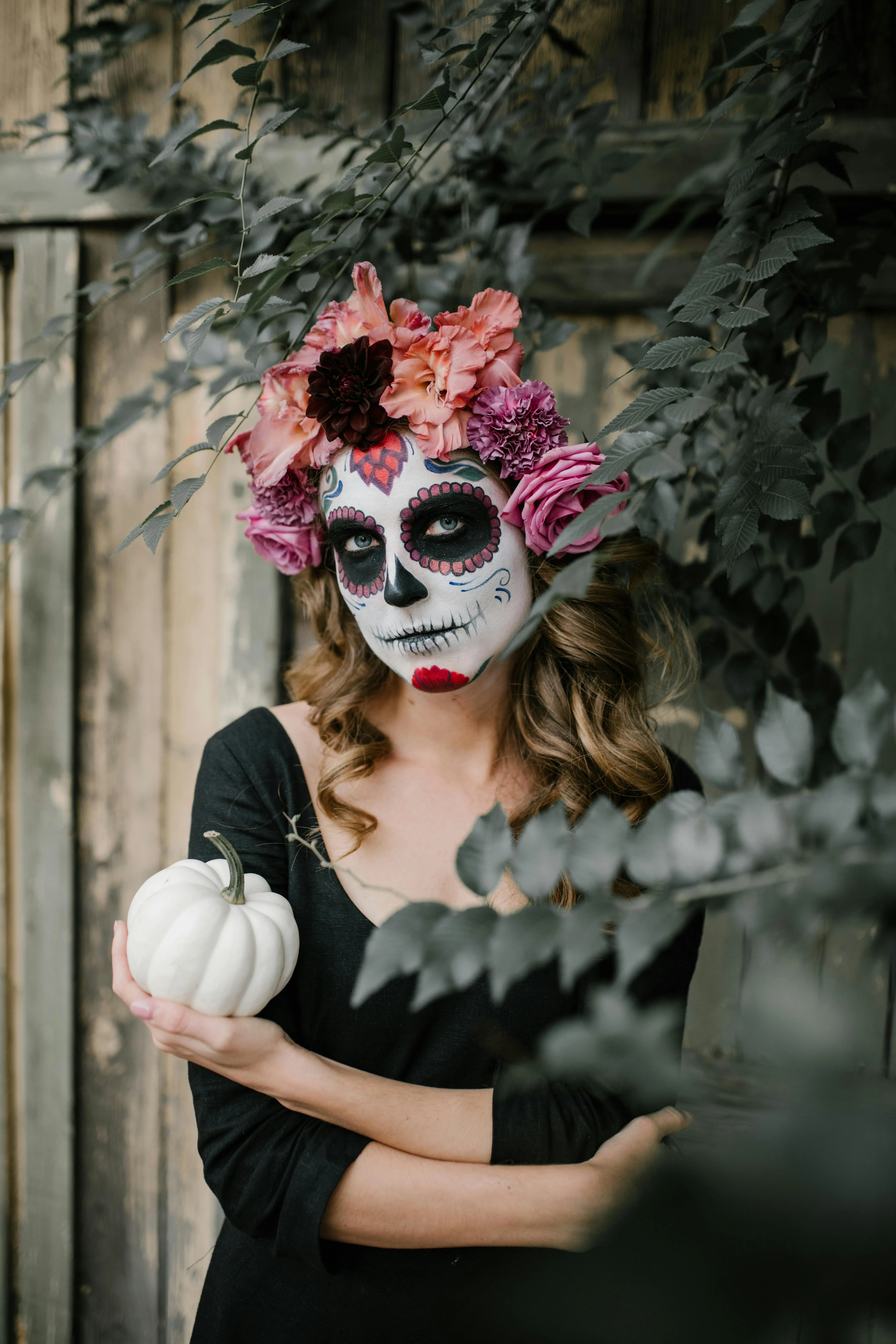 Woman with Flower Crown and Halloween Makeup Outdoors