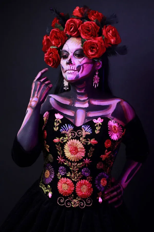 Woman with Flower Makeup in Day of Dead Halloween Look