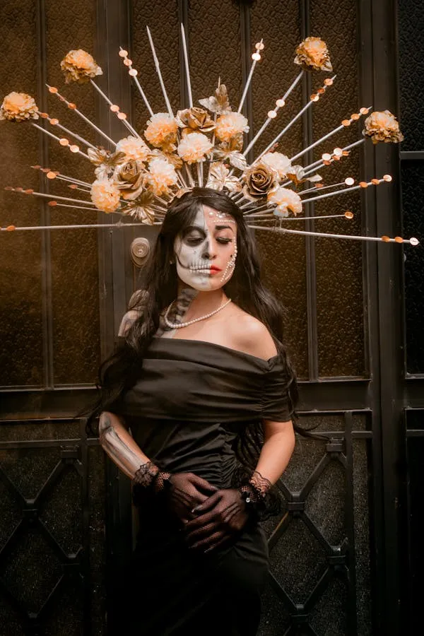 Woman with Radiant Headpiece and Black Dress at Halloween