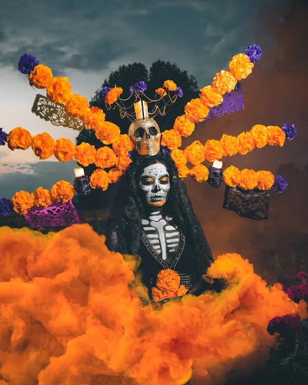 Woman with Skeleton Makeup and Colorful Halloween Clouds