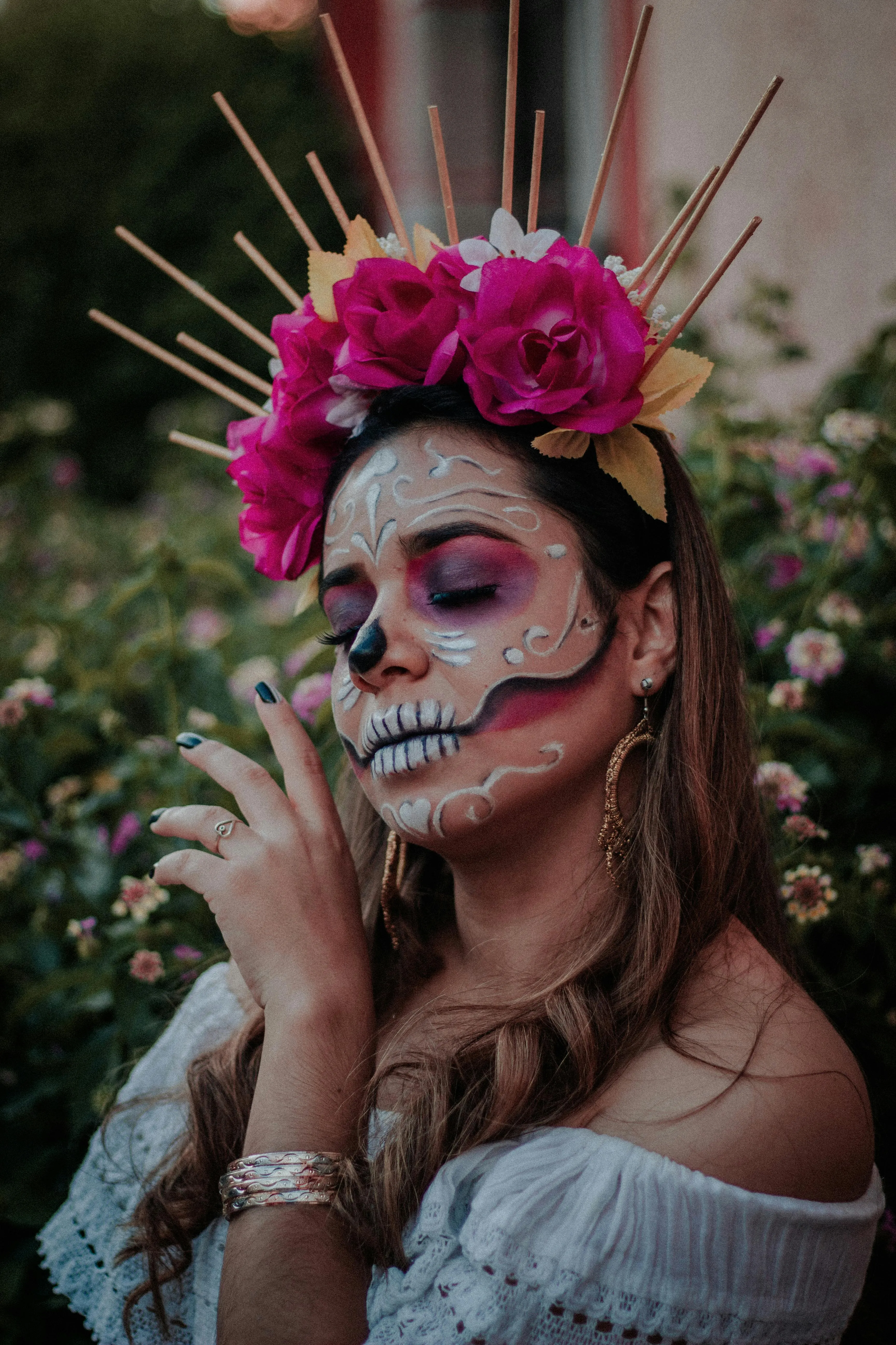 Woman with Skull Makeup Wearing Flower Crown image HD