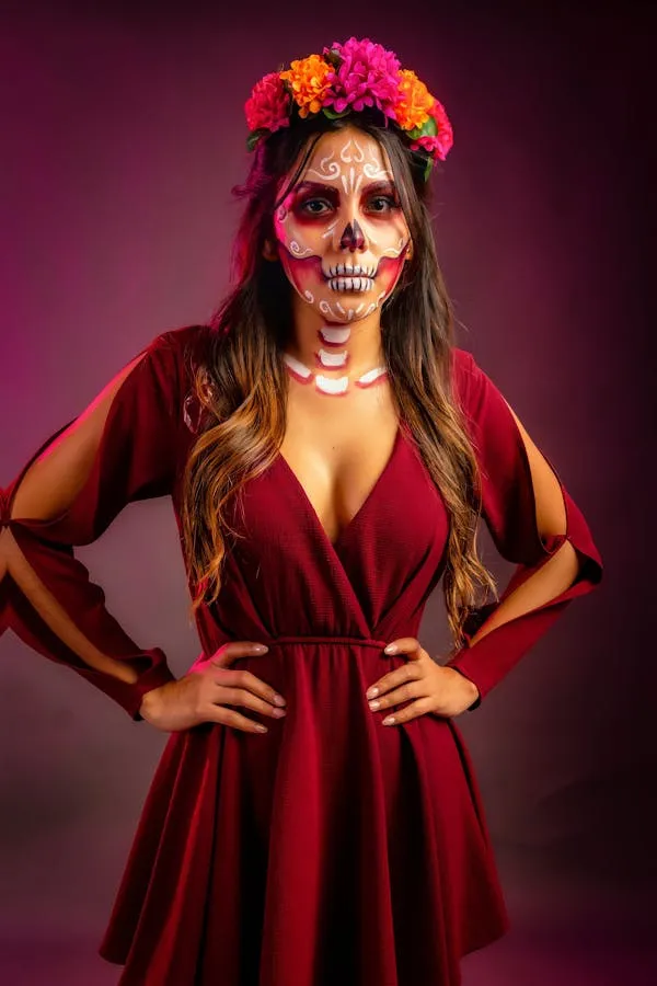Woman with Sugar Skull Makeup and Red dress HD Wallpaper