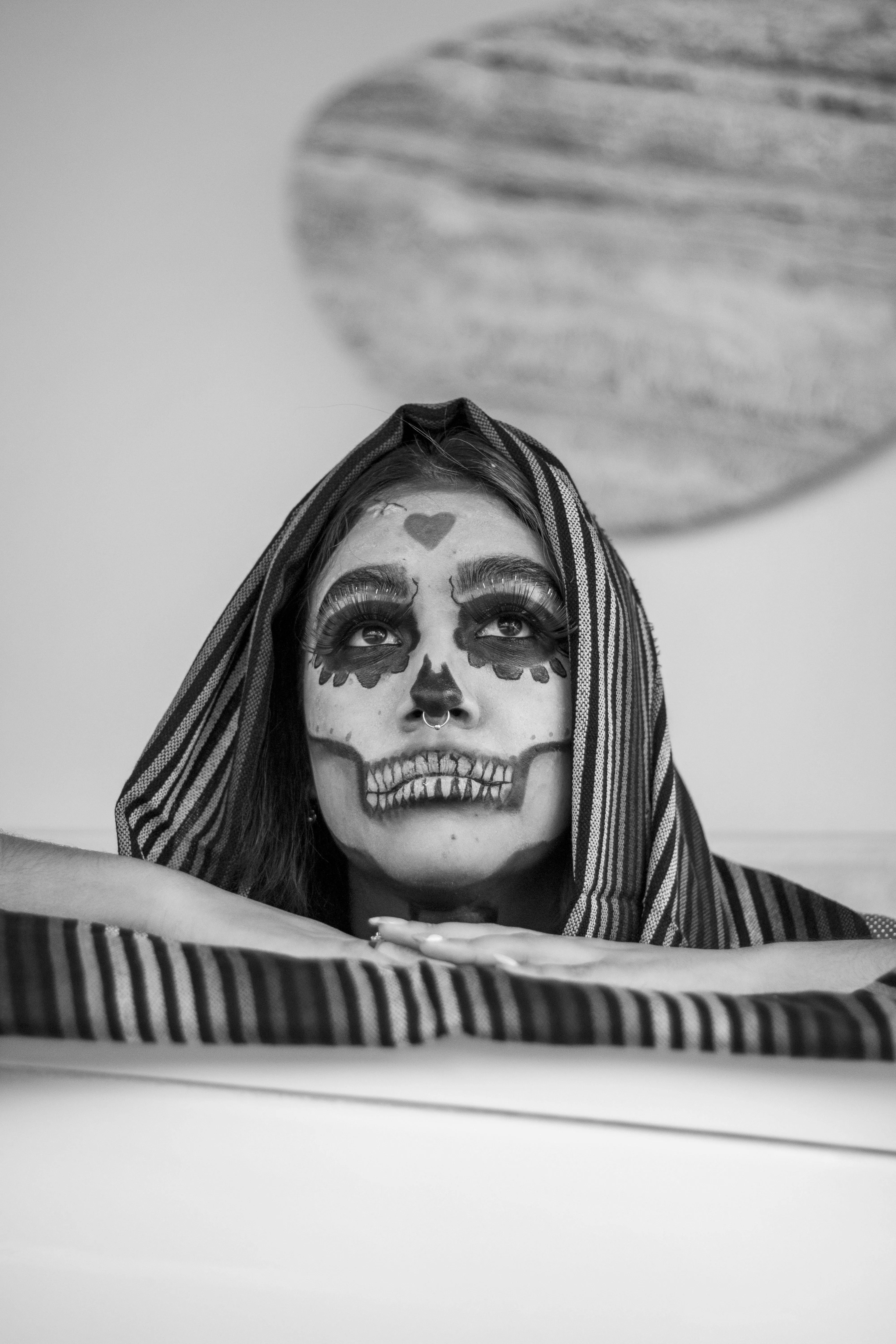 Woman with Sugar Skull Makeup in Black and White Wallpaper