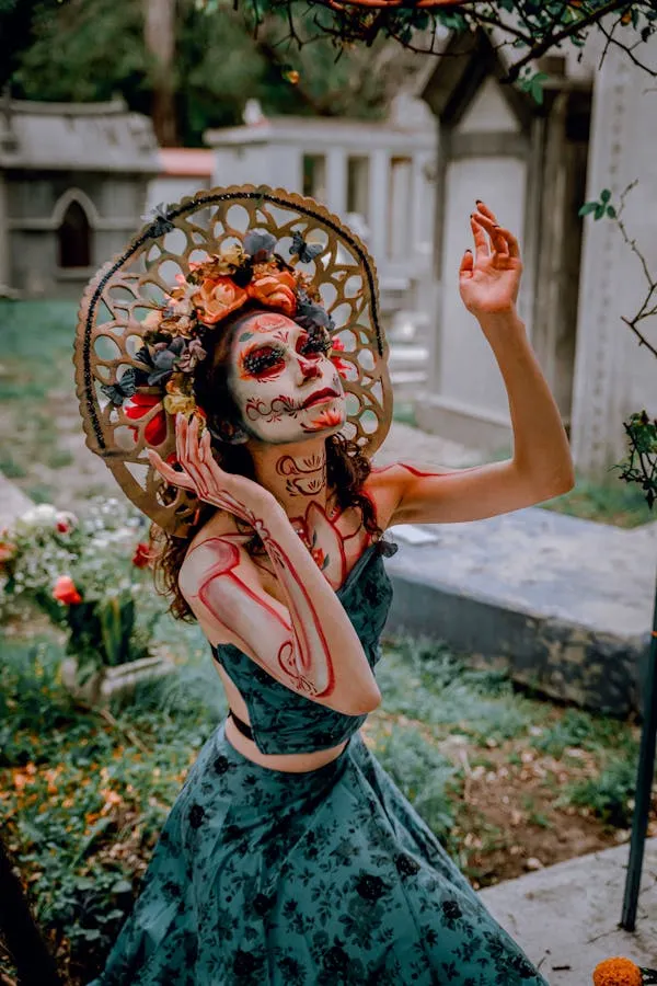 Woman with Sugar Skull Makeup Wearing Floral Headpiece HD