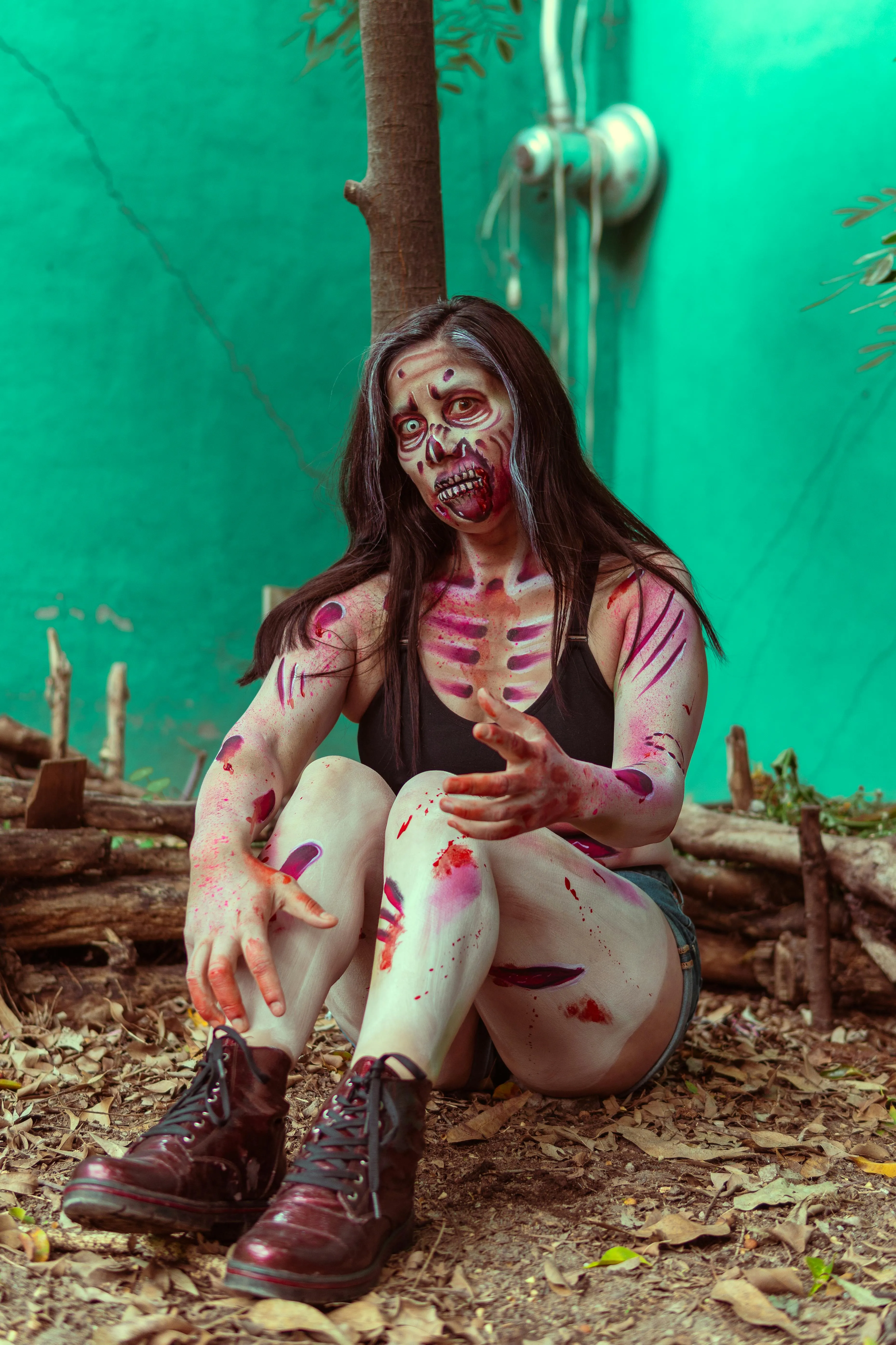 Woman with Wounds Makeup Sitting in Urban Halloween Set