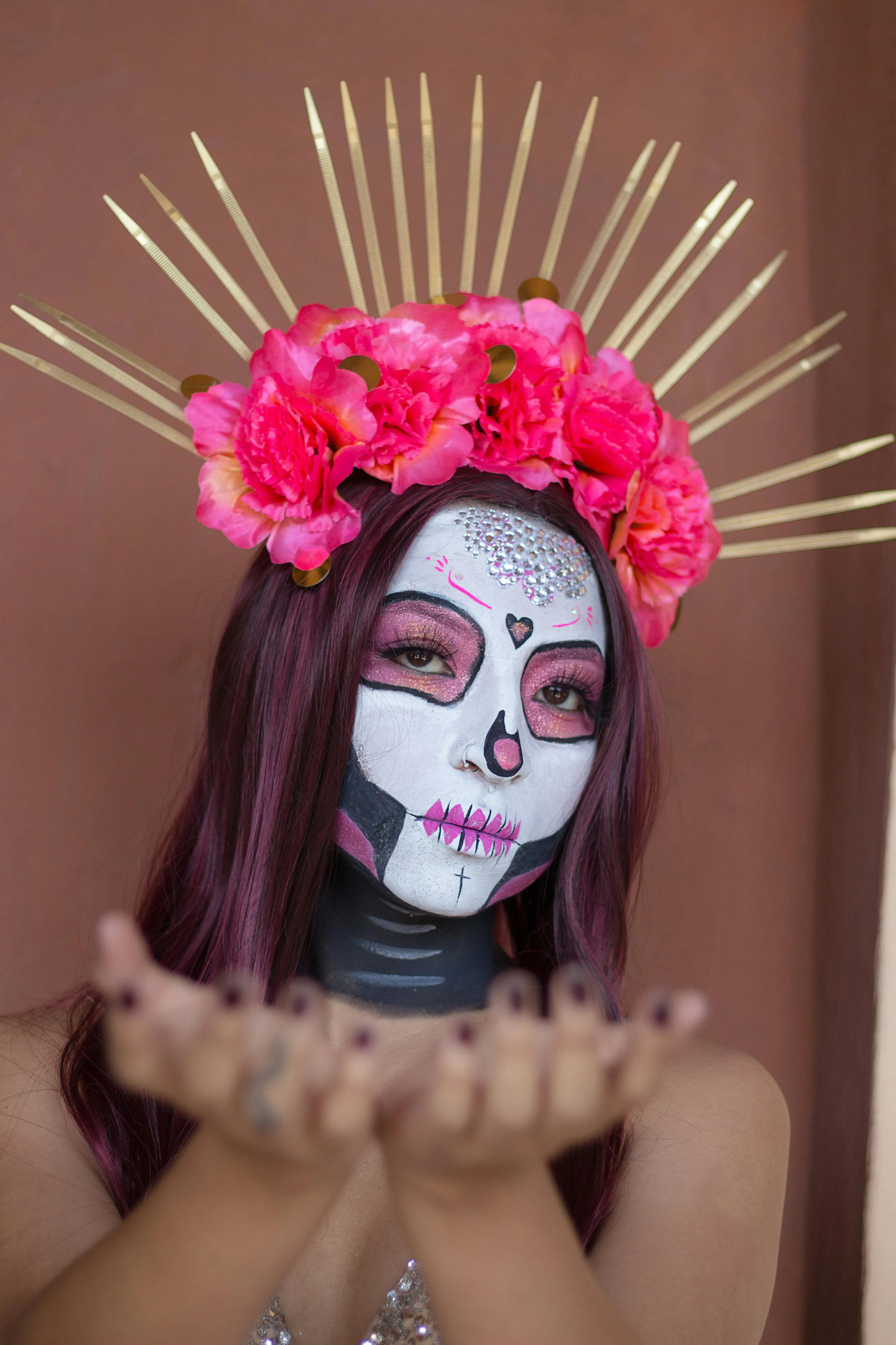 Women in Elegant Floral Crown Makeup for Halloween Festival