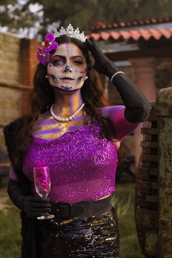Women in Purple Makeup and Skeleton Costume for Halloween