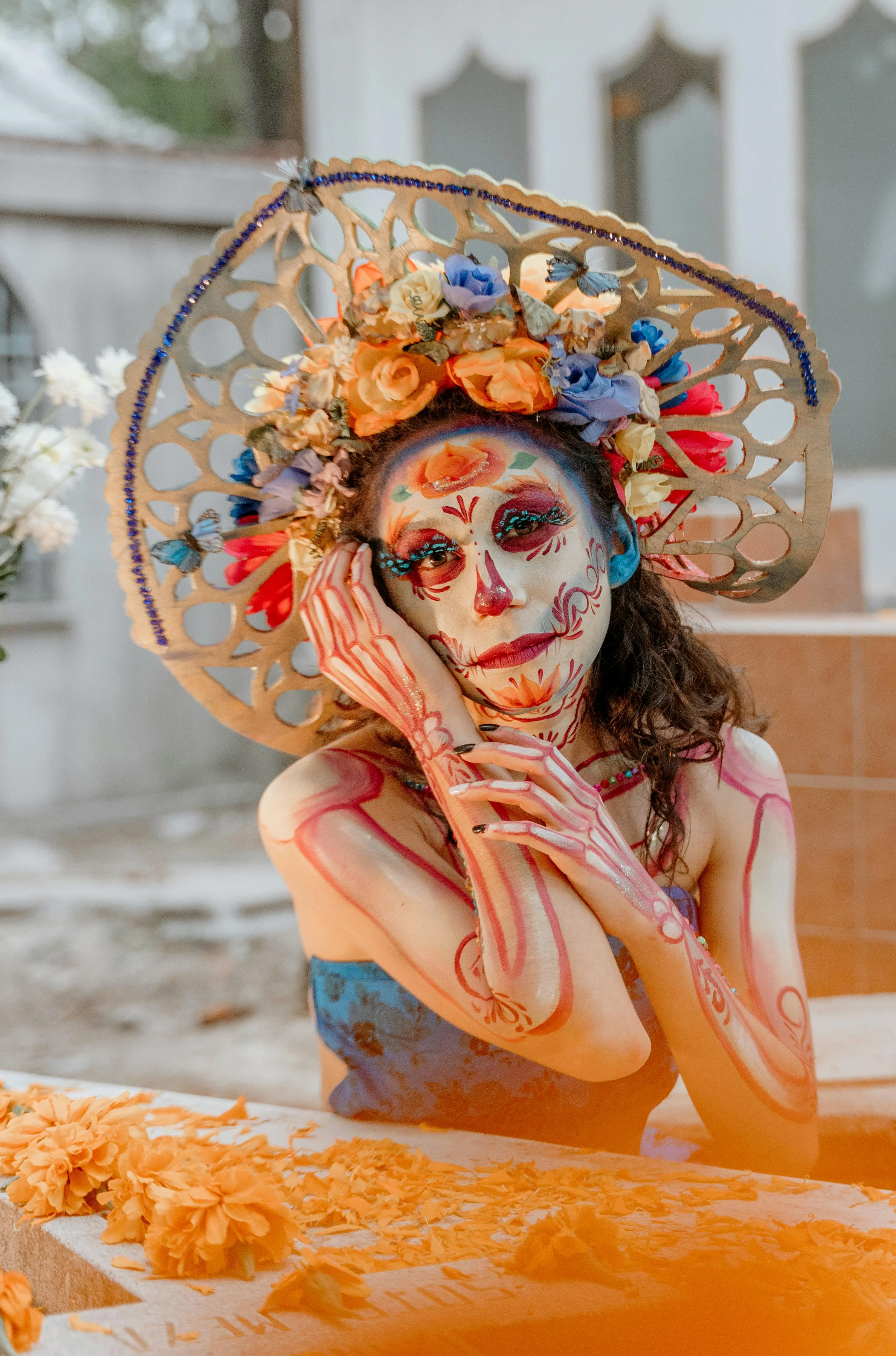 Women in Traditional Halloween Festival Makeup with Marigolds