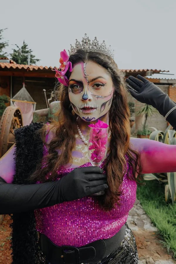 Women in Vibrant Halloween Costume with Face Paint and Braids