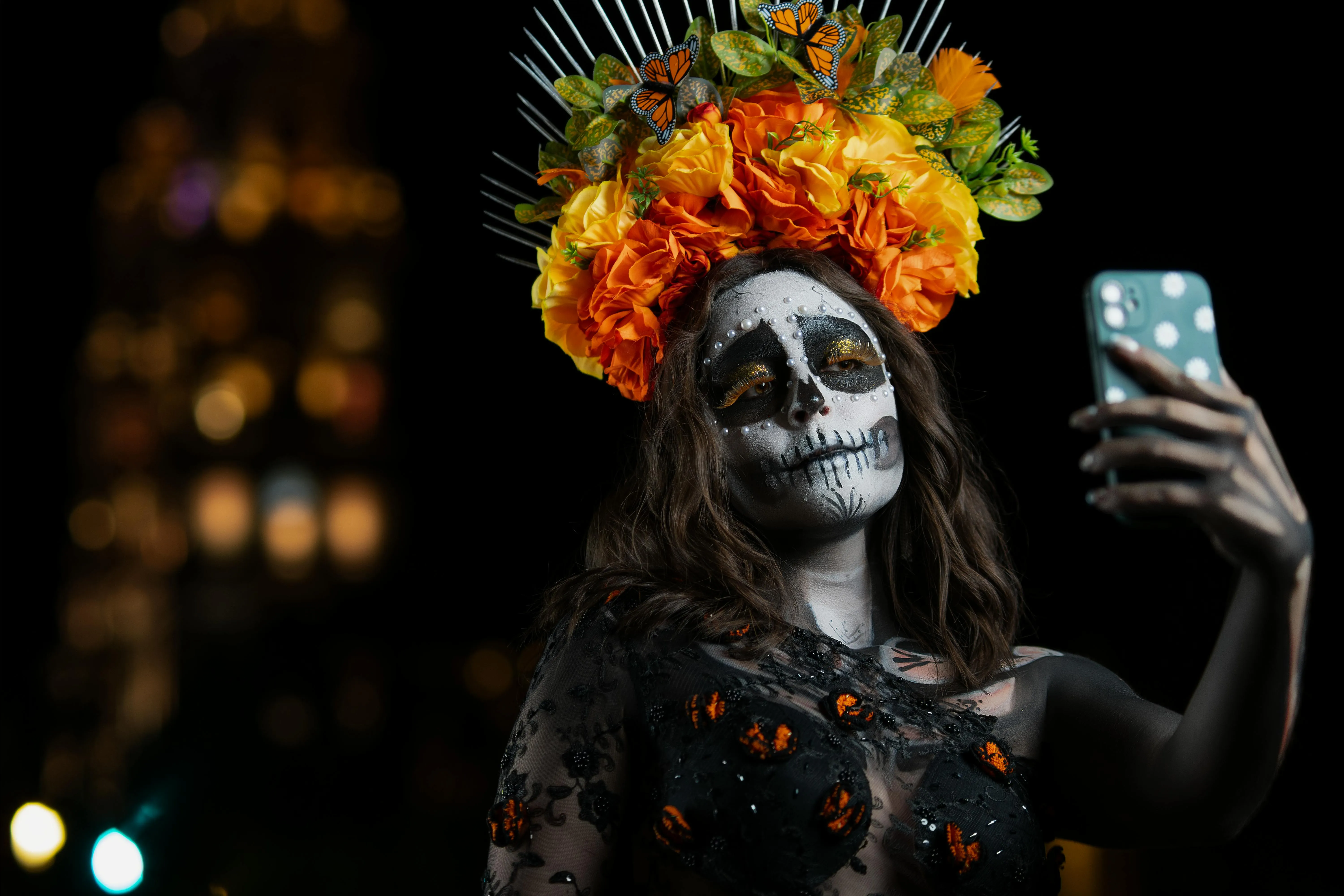 Women taking Selfie with Flower Crown Makeup at Halloween
