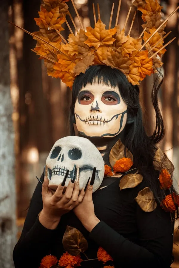 Women with creepy Skull Prop and Floral Crown for Halloween