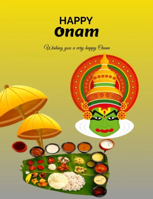Wooden umbrella and kathakali with Onam sadya in Onam poster