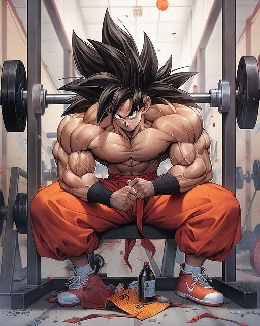 Anime Goku With Muscles Sitting Near a Heavy Barbell
