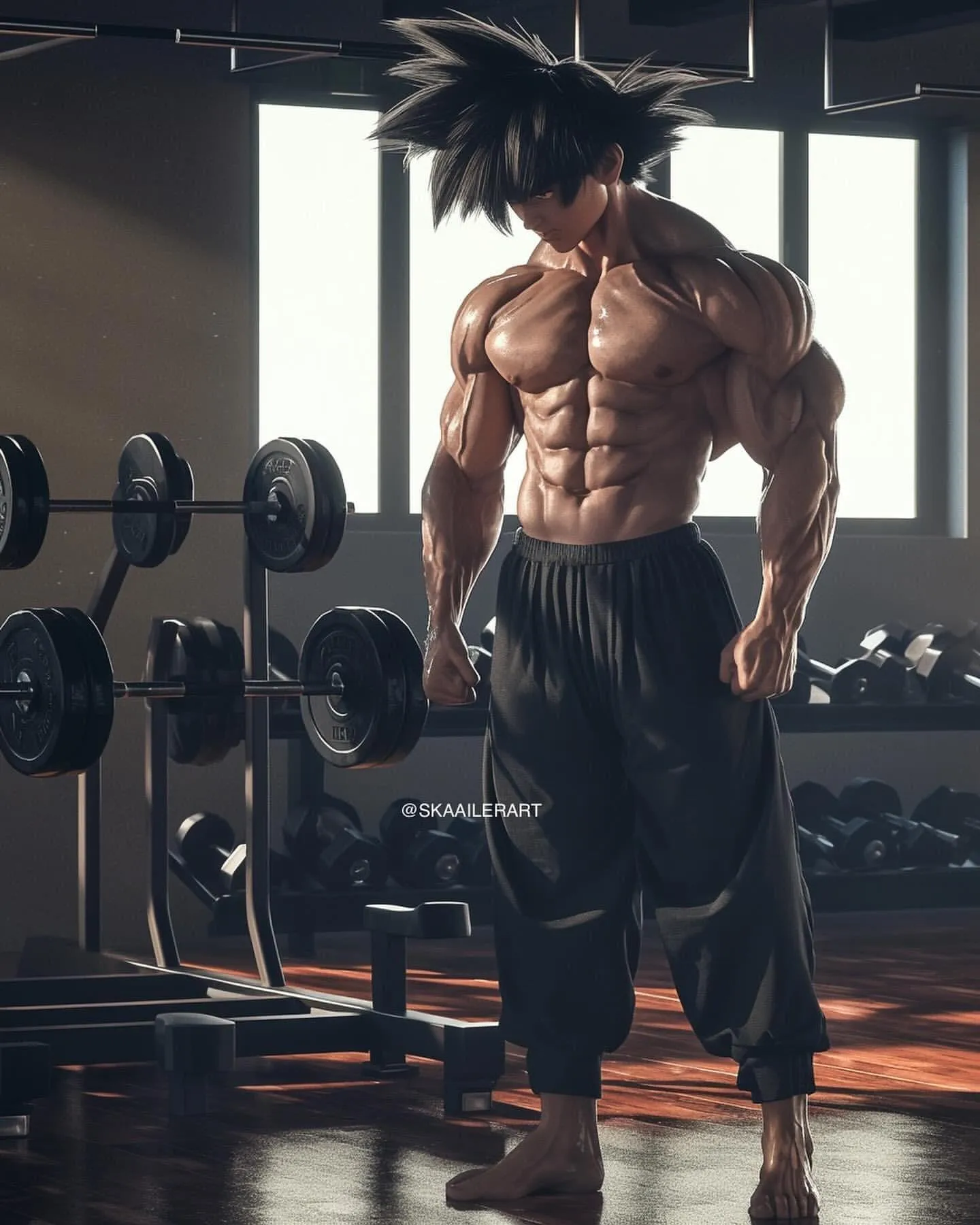 Anime Goku Muscular Character Standing in a Gym Setting