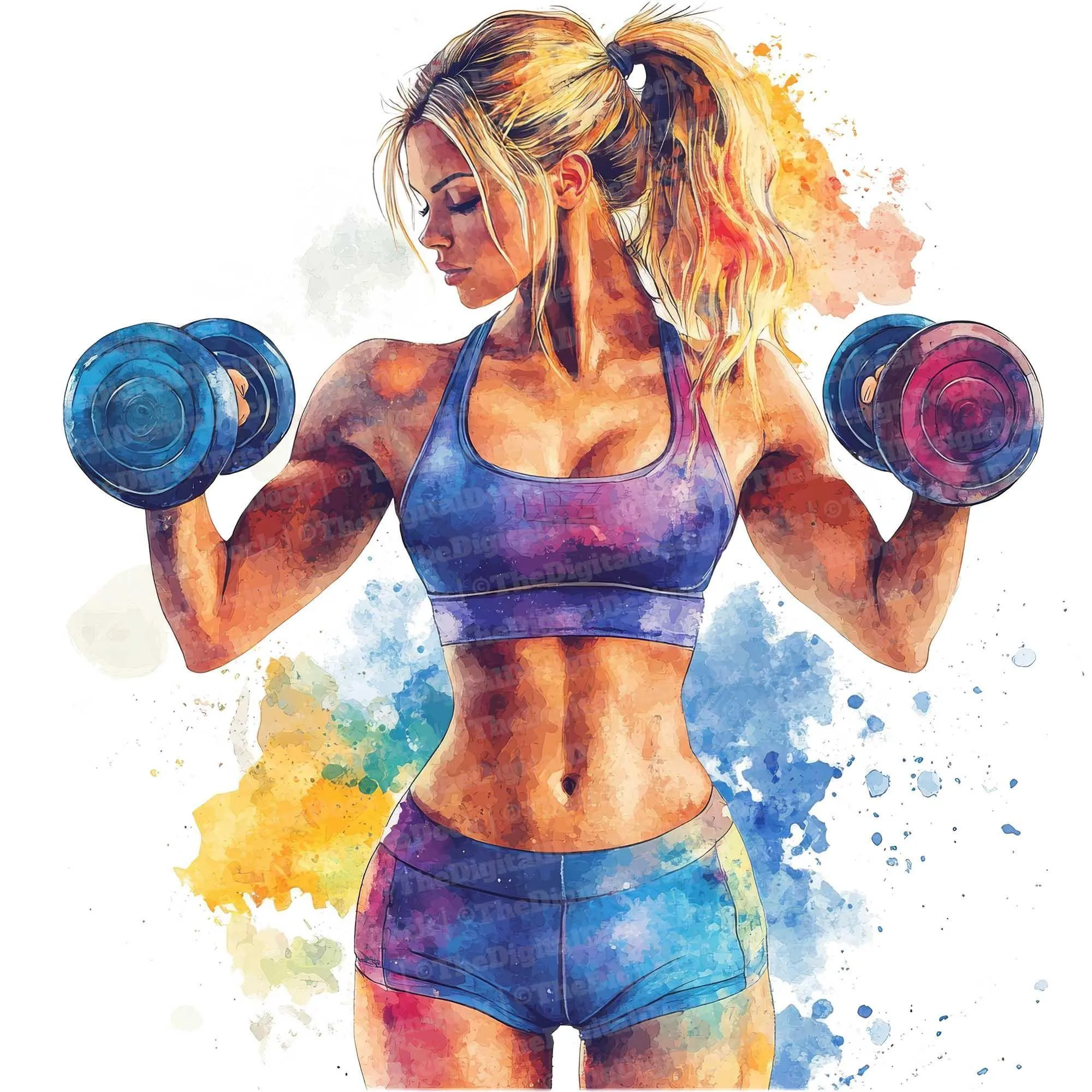 Artistic Illustration of a Fit Woman Lifting Dumbbells