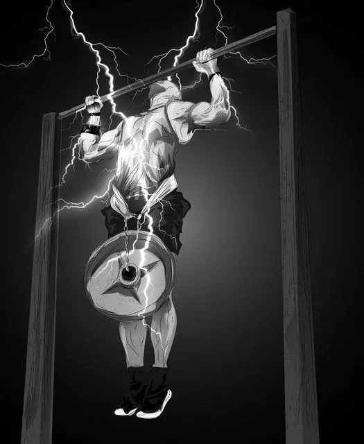 Artistic Image of Man Doing Pull-Ups With a Lightning Effect