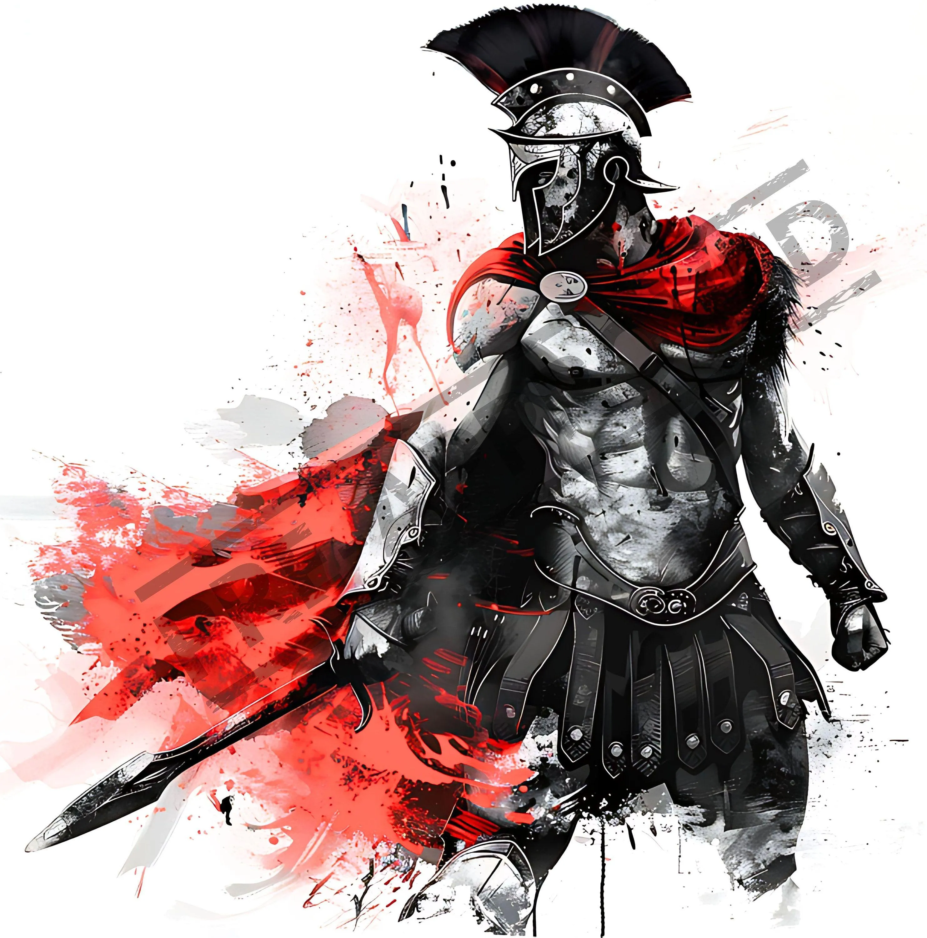 Artistic Warrior Gladiator Drawing With Red Cape and Spear
