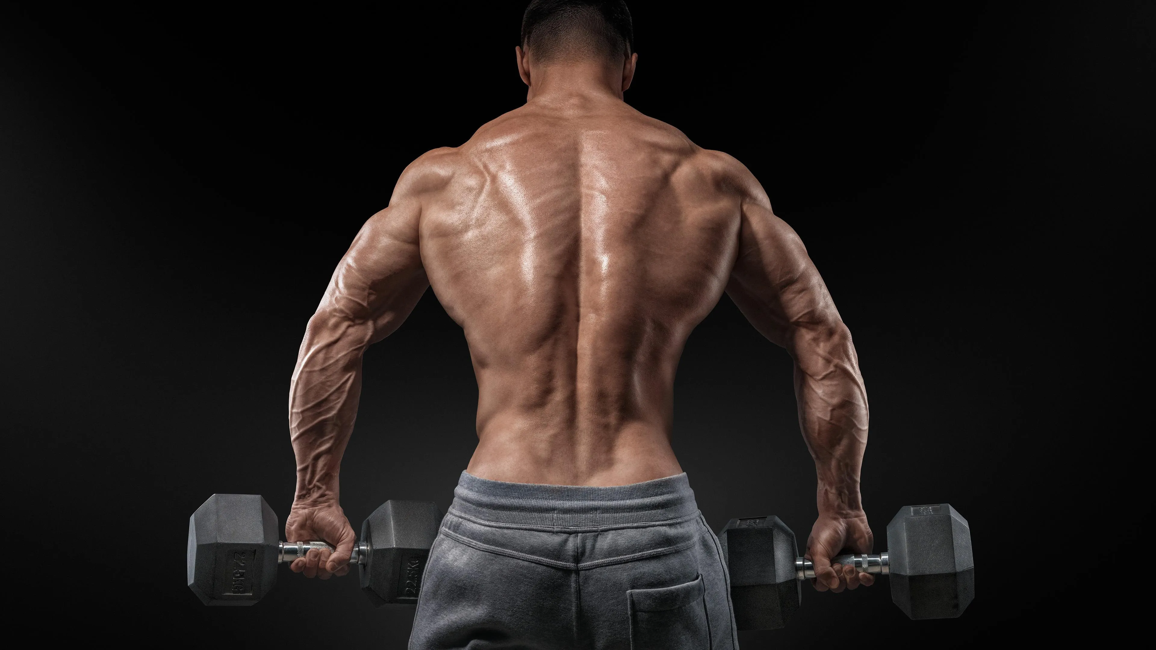 Back View of a Man Holding Dumbbells in a Fitness Shoot