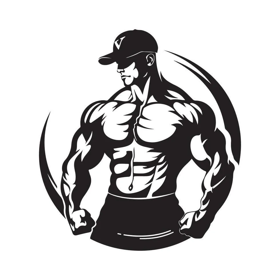 Black and White Cartoon Muscular Man Flexing Chest Muscles
