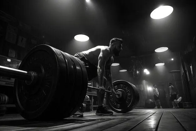 Black and White Shot of Man Deadlifting in a Gritty Gym
