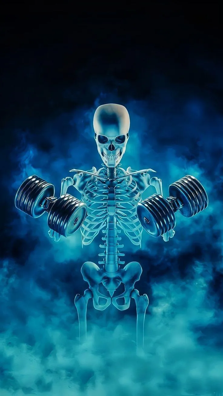 Blue Smoky Image of Skeletal Lifting Dumbbells Artwork