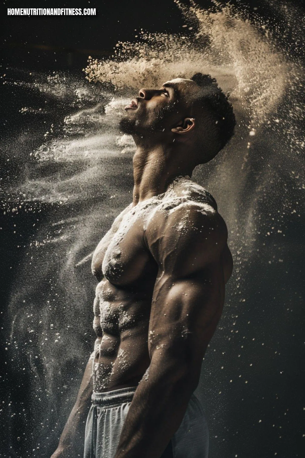 Bodybuilder Covered in Powder Flexing After a Workout