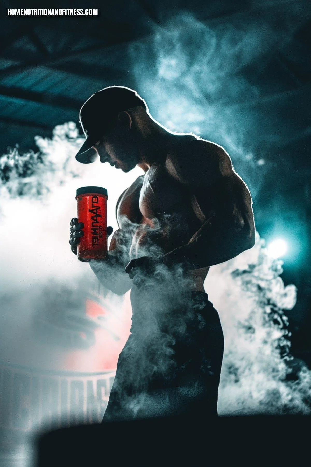 Bodybuilder Drinking Supplement in Gym Lighting With Smoke