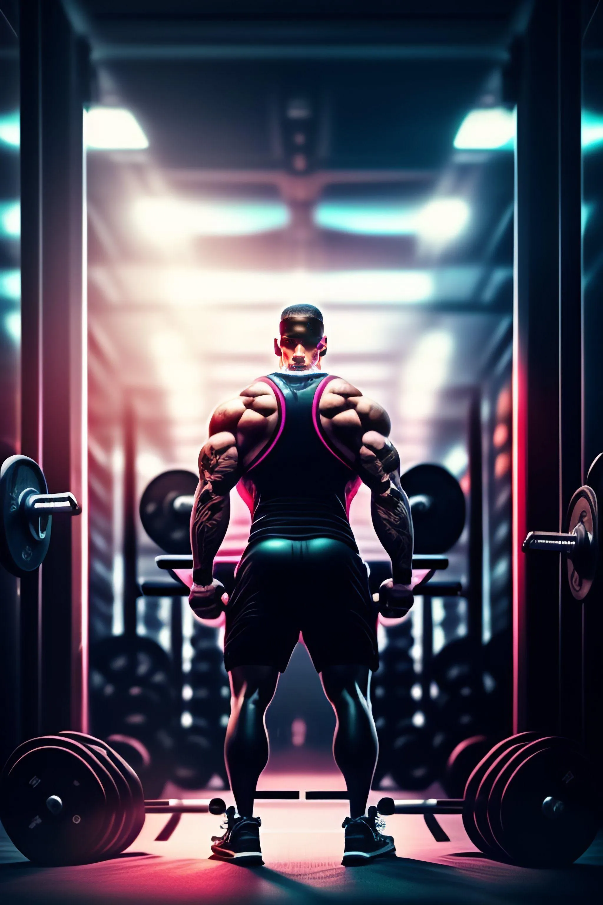 Bodybuilder Lifting Weights Under Gym Spotlight Wallpaper