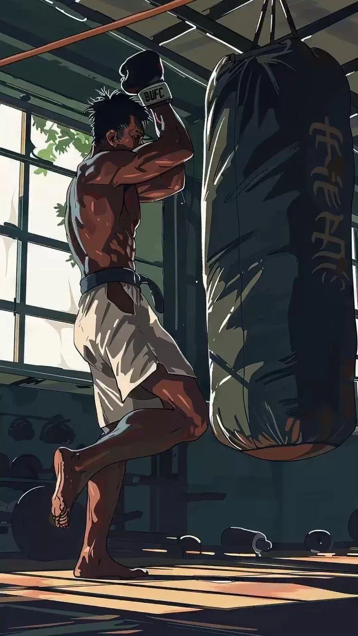 Boxer Training With Punching Bag Inside a Dim Gym Wallpaper