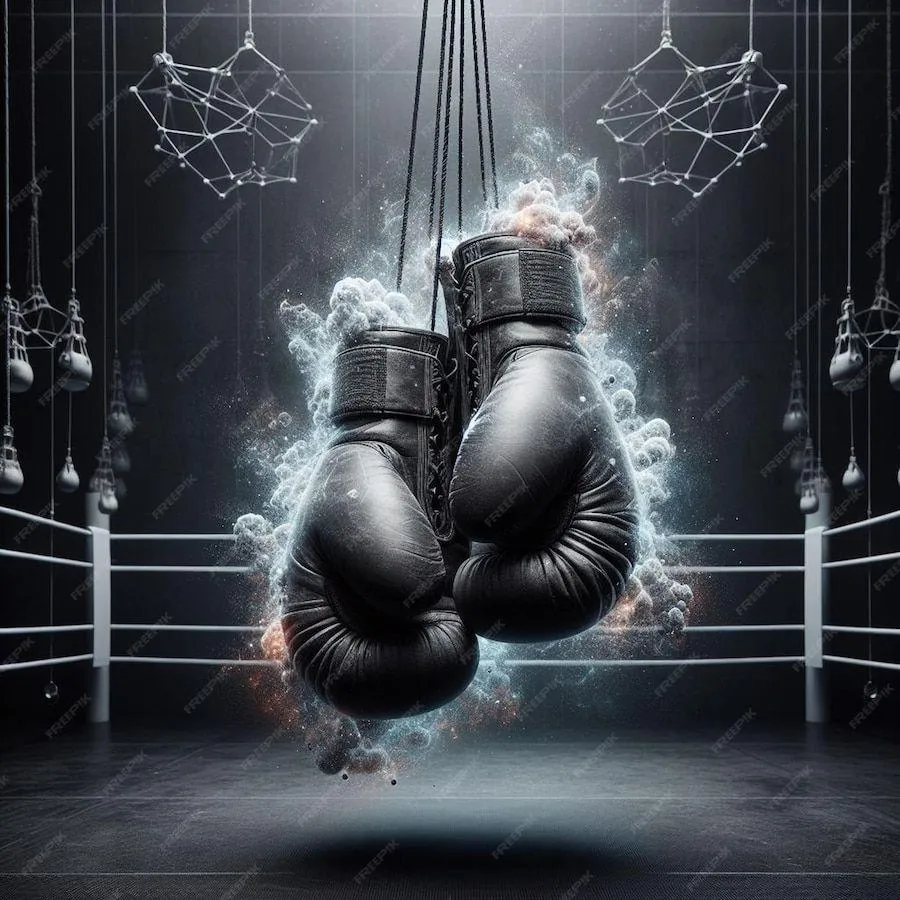 Boxing Gloves Hanging in a Dramatic Ring Lighting Setup