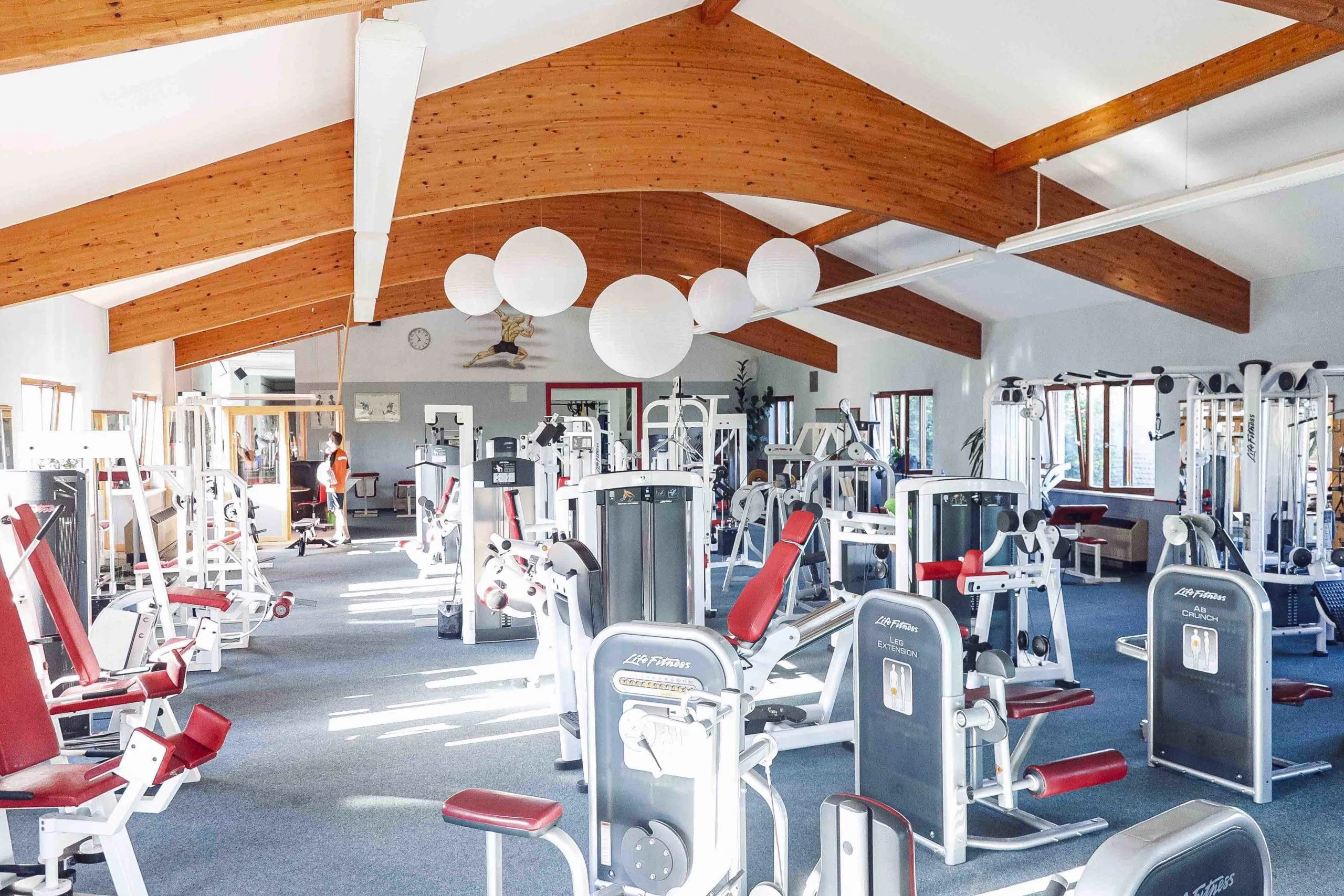 Bright Gym With Wooden Ceiling and Exercise Equipment