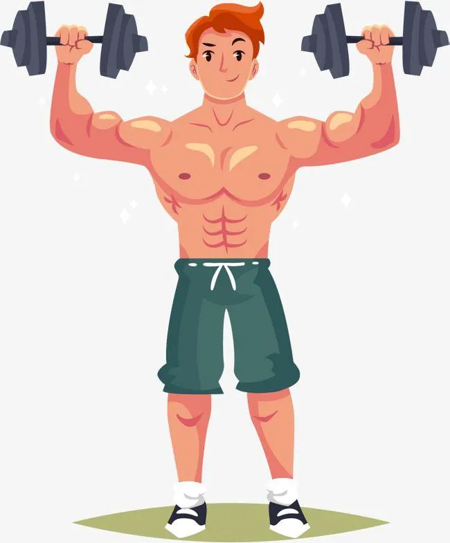 Cartoon of a Muscular Man Lifting Dumbbells in a Workout