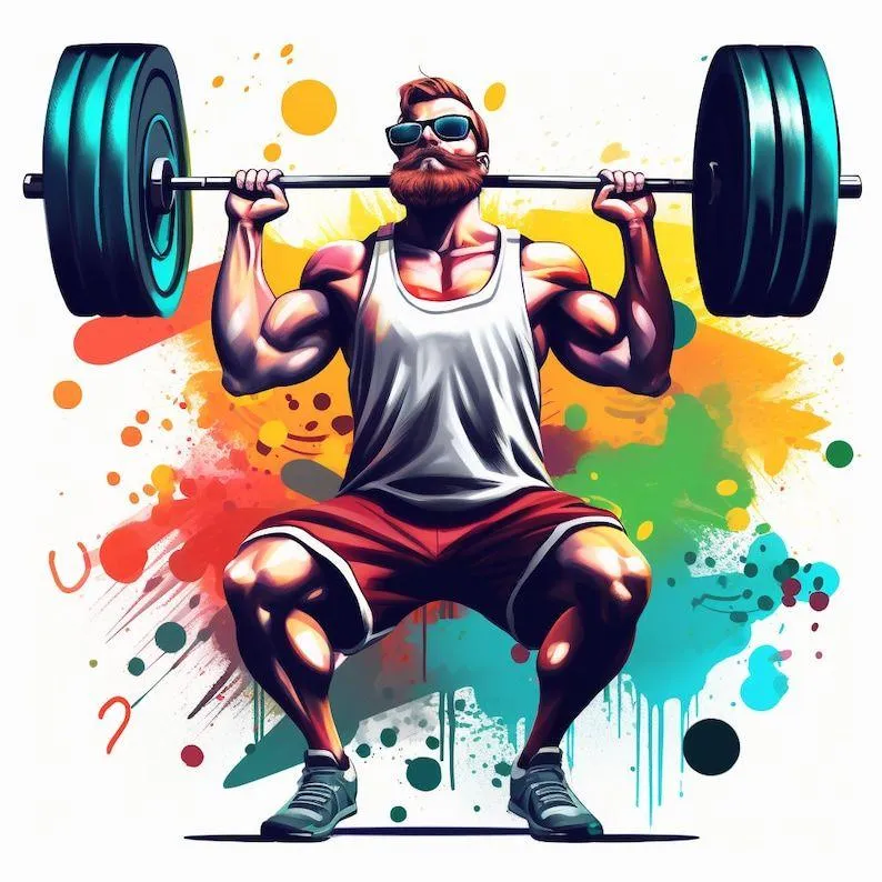Cartoon Style Man Lifting a Barbell With Colorful Splashes