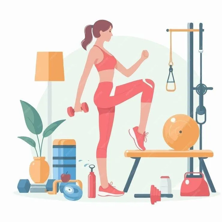 Cartoon Woman Working Out in a Colorful Home Gym Setup