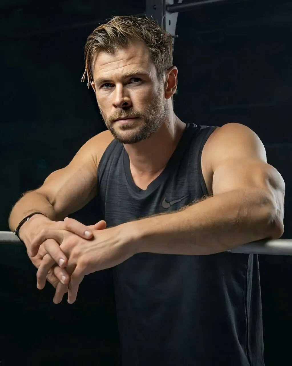 Chris Hemsworth With a Serious Look Resting After a Workout