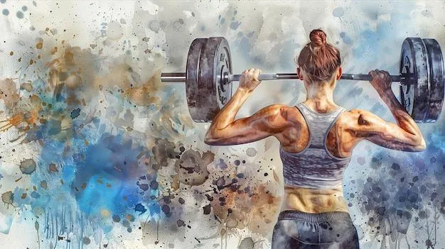 Colorful Watercolor Art of a Woman Lifting Weights Overhead