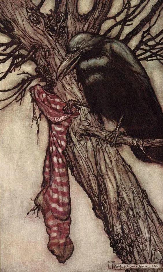 Crow Perched on a Branch With a Scarf Hanging Down Wallpaper